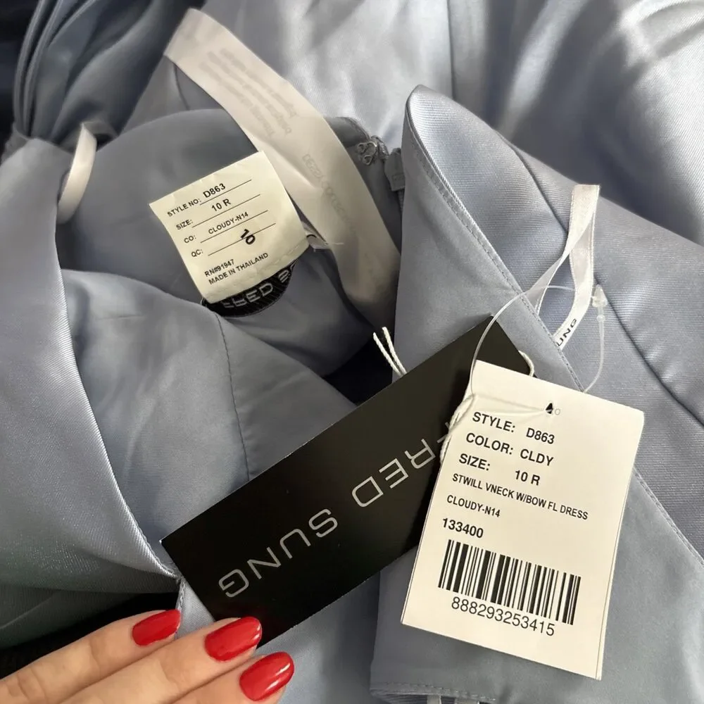 Alfred Sung Deep V Back Satin Trumpet Dress Cloudy Blue Size 10 NWT Bow Shoulder - Picture 4 of 9